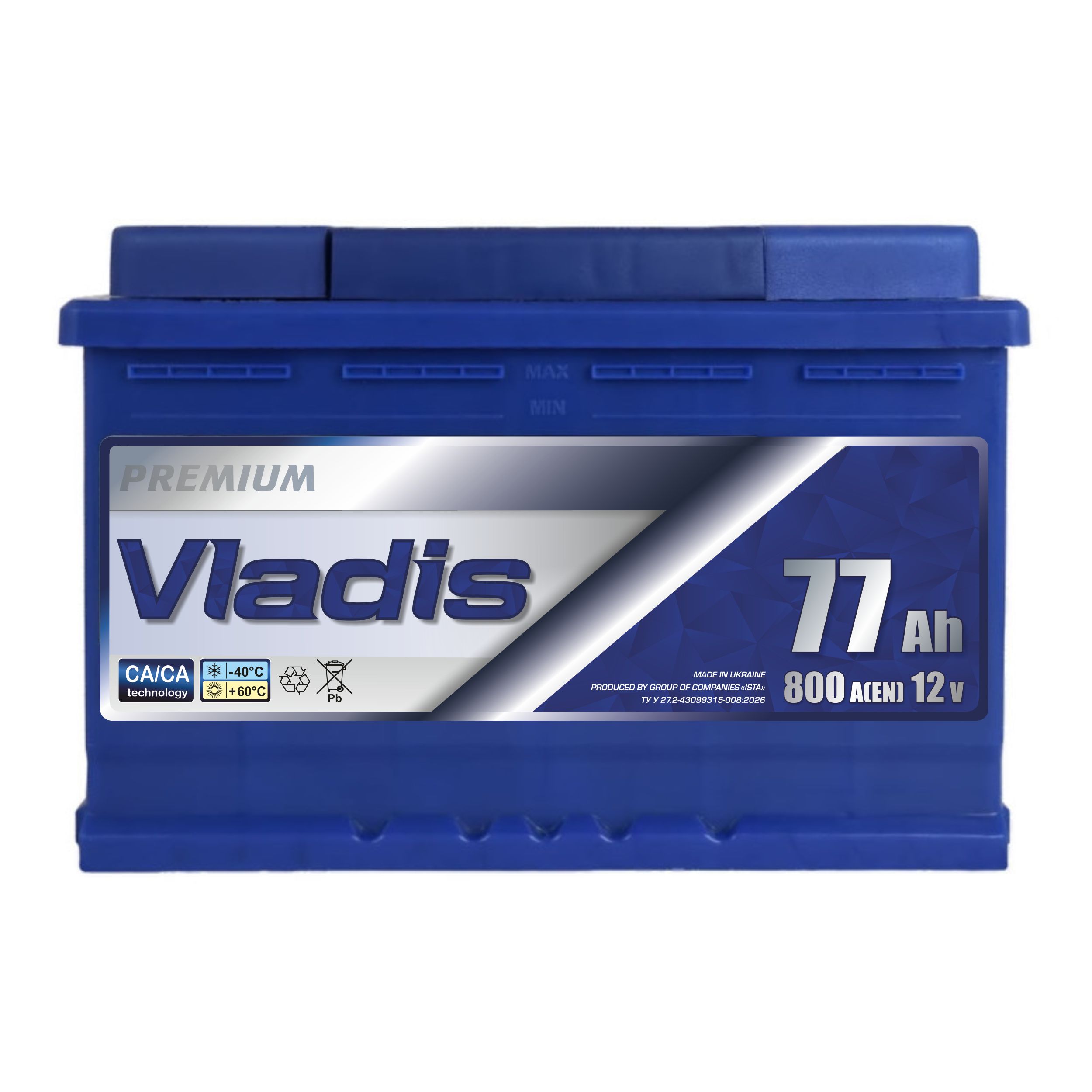 Акумулятор VLADIS PREMIUM 6СТ - 77Аh, 800A, плюс справа (R+), 276x175x190мм